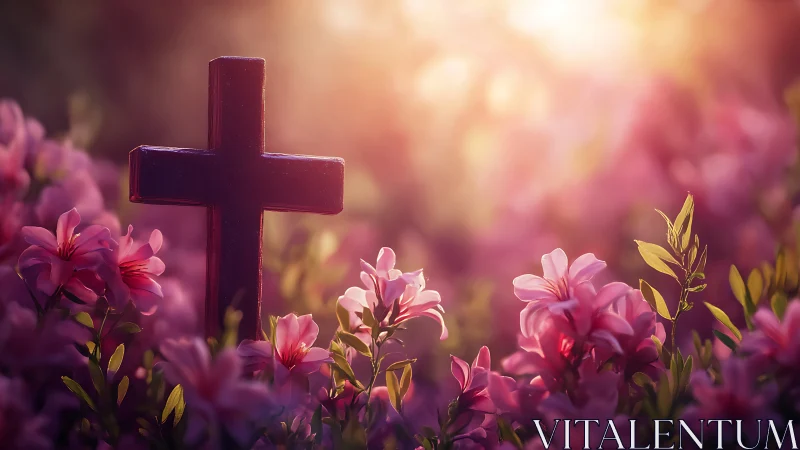Wooden cross in pink flower bed under backlit sunset glow.