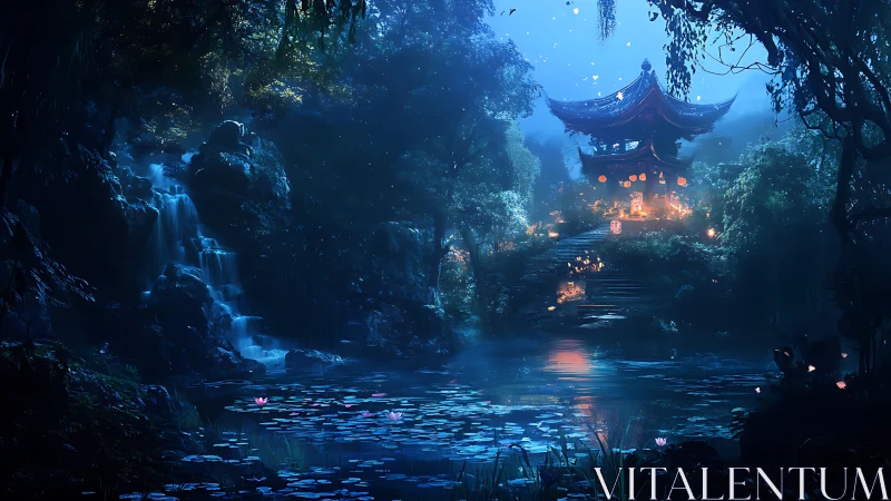 Moonlit temple overlooks waterfall pond in dense forest