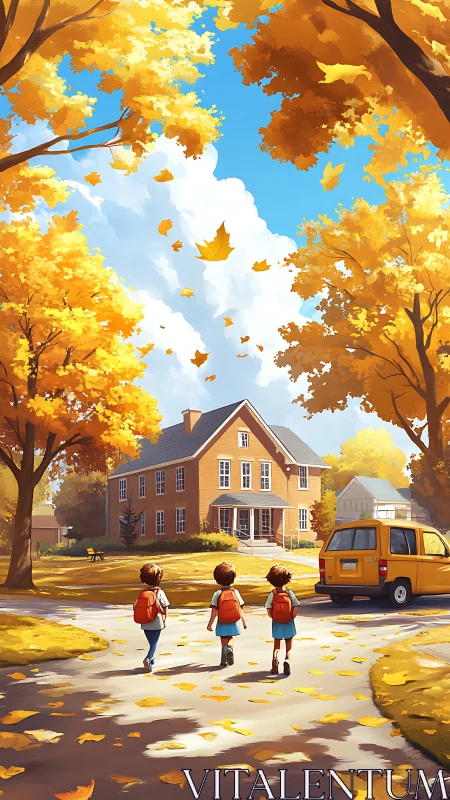 Children Running Toward School Bus on Autumn Morning.