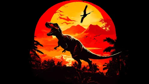 Tyrannosaurus silhouette stalks volcanic crimson sunset