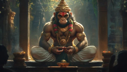 Monkey-headed deity figure sits cross-legged in ornate temple