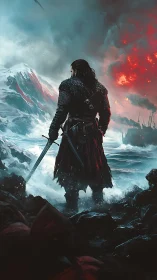 Warrior surveys burning coast under stormlit skies.