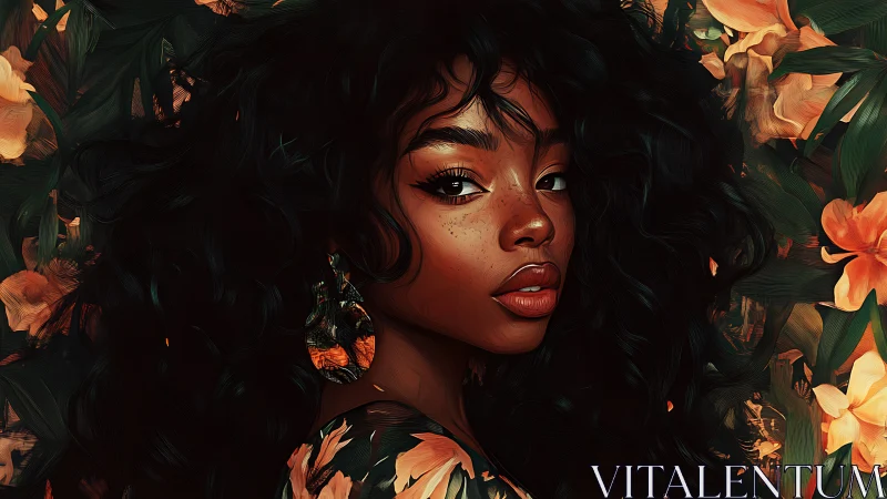 Portrait shows woman with curly hair framed by orange flowers