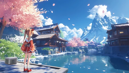 Anime girl surveys sakura-lined riverside village under high peaks