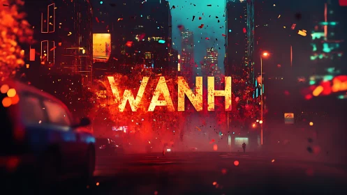 Neon storm of letters shattering a moody cyber street.