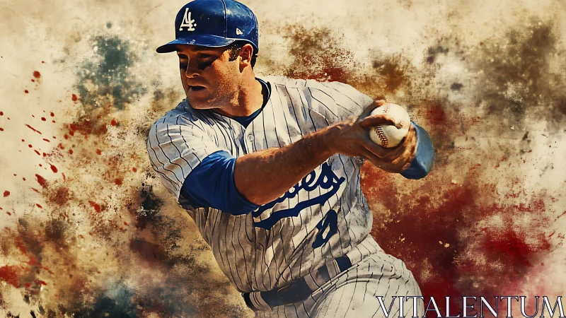 Dynamic baseball batter in motion with painterly splatter field.