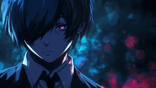 Brooding neon-eyed boy in a twilight storm of colors.