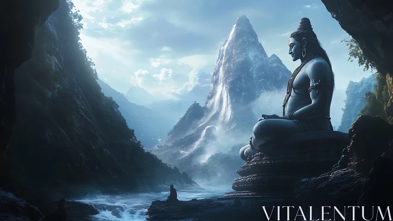 Large mountain statue overlooks misty river valley scene