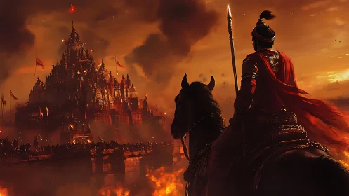 Warrior on horseback observes burning fortified temple city