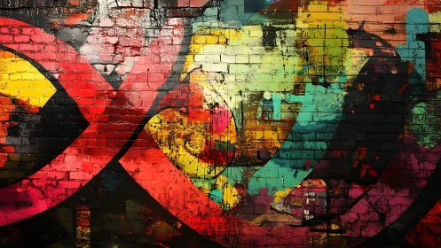 Bold abstract graffiti arcs saturate distressed brick wall.