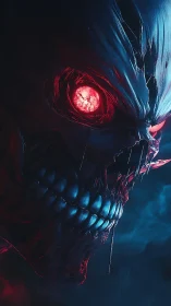 Demonic skull closeup shows glowing red eye and teeth