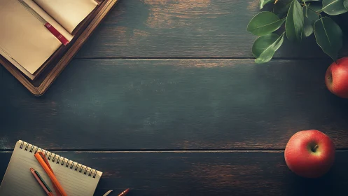 Rustic study desk with notebooks, apples and green leaves.