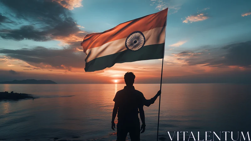 Silhouetted figure raises Indian flag against cinematic sunset