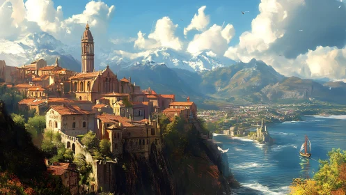 Coastal hillside town with central tower and distant mountains.