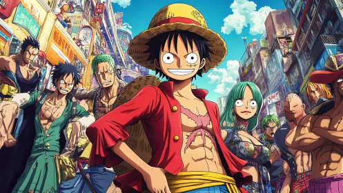 Straw hat pirate crew stands confident in crowded neon city.