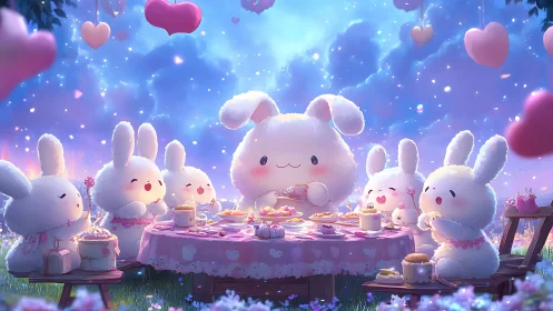 Fluffy bunnies share a pastel sky tea party of sweets.