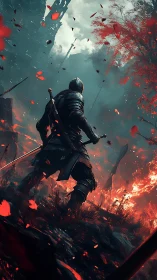 Ember-crowned knight pauses beneath the storm-torn canopy