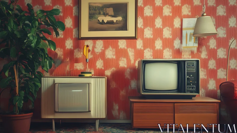 Retro TV corner hums under tangerine wallpaper ghosts.