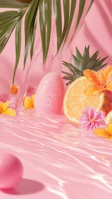 Tropical citrus cascade on glossy pink dreamwater stage.