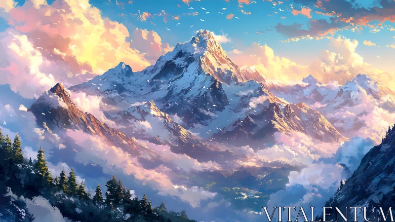 Sunlit mountain peaks rising through soft painted clouds.