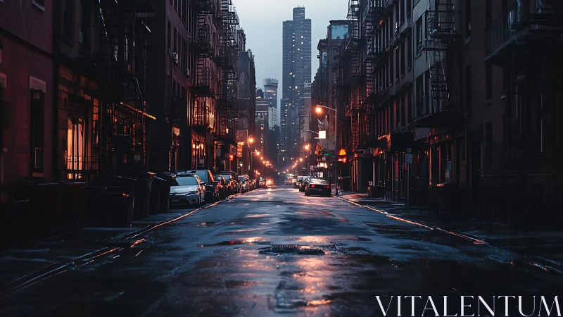 Rain-soaked city street at dusk with glowing tower lights.