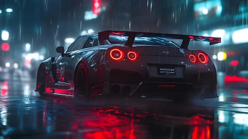Modified Nissan GT-R parked on wet neon city street at night