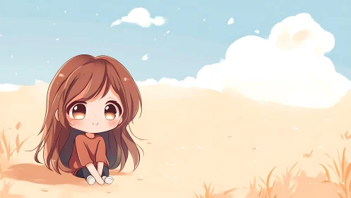 Chibi style girl seated on sandy field under blue sky.