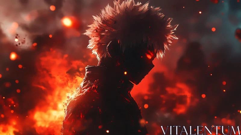 Flaming anime silhouette emerges from infernal bokeh haze