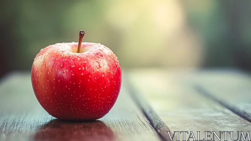 Photorealistic red apple still life on rustic wood table.