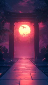 Neon moonrise beyond torii gate in tropical dusk corridor.