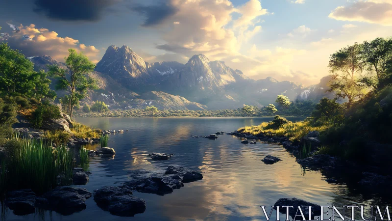 Digital painting alpine lake vista with luminous backlighting.
