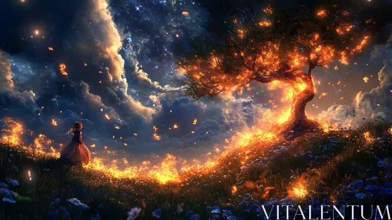 Ethereal Inferno: Solitary Figure Amid Celestial Fire Storm.