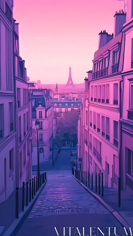 Pink toned Paris street view with Eiffel Tower skyline