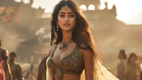 Woman in ornate Indian attire in sunlit outdoor scene.