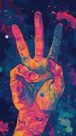 Chromatic three-finger hand gesture in nebula starfield space
