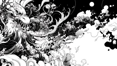Dragon head emerges from dense black and white swirling waves