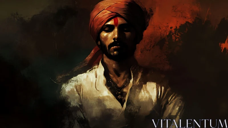 Meditative turbaned figure in chiaroscuro warm tones.
