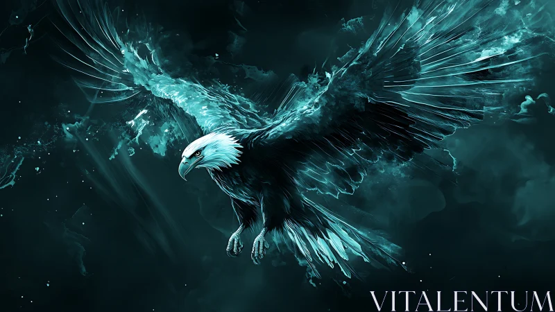 Digital teal bald eagle illustration on dark abstract field.