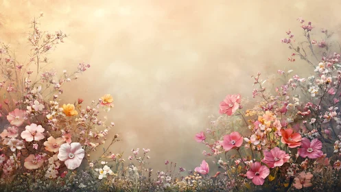 Romantic Garden Meadow with Pink and White Flowers.