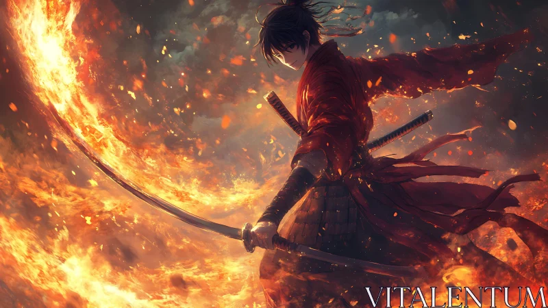 Flame-wreathed samurai warrior executing fiery sword arc.