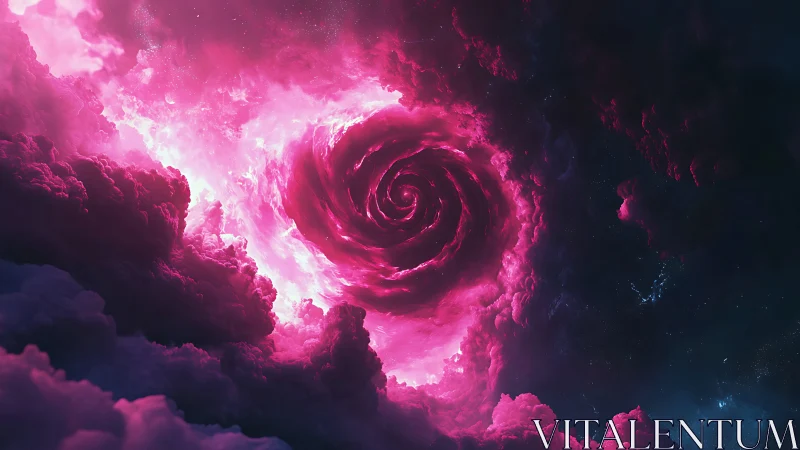 Pink nebula vortex spirals inward within dark outer space