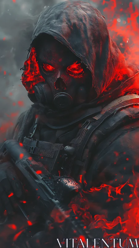 Hooded skull soldier with glowing red eyes in flames