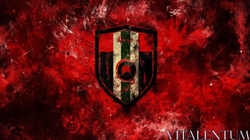 Grunge shield emblem with tri-band stripes on turbulent red field.