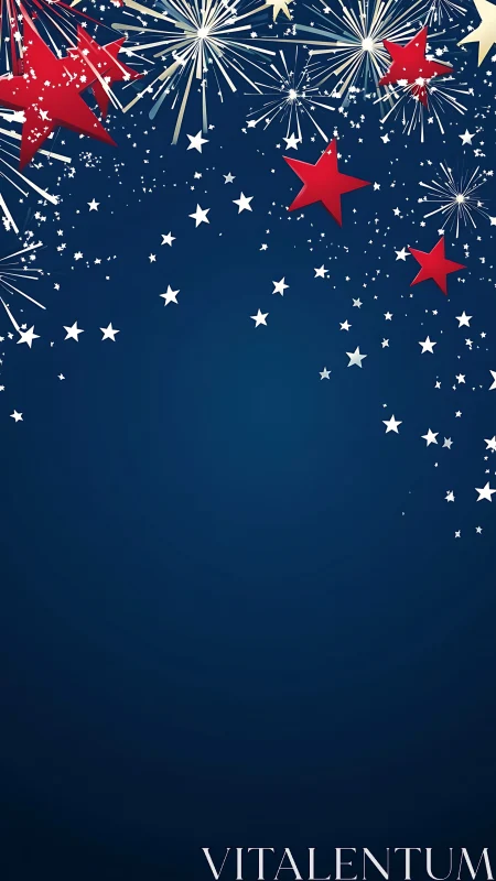 Patriotic fireworks border with red stars on navy background.