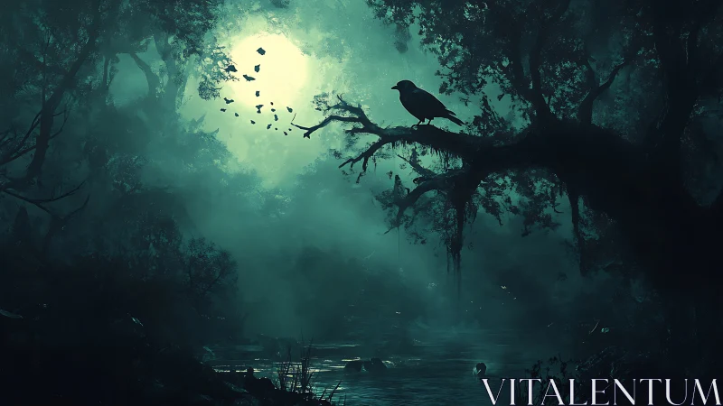 Moonlit raven overlooks a misty enchanted forest pond.