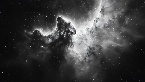 Monochrome nebula clouds glow amid dense starfield depths.