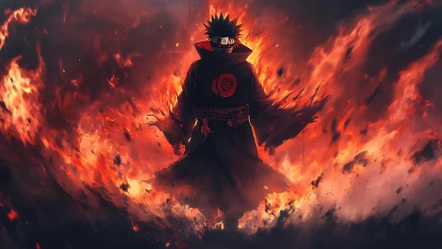 Fiery masked warrior stepping calmly through swirling flames.