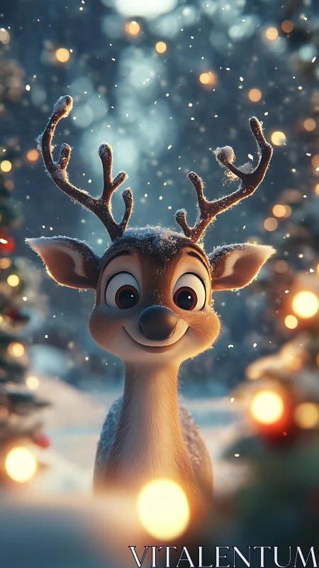 Snowlit baby reindeer beaming amid twinkling winter lights.
