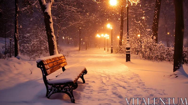 Snow-covered park bench under glowing winter lamplights.