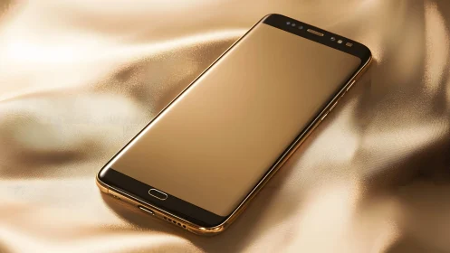 Luxury gold smartphone on satin fabric, elegant product photography.